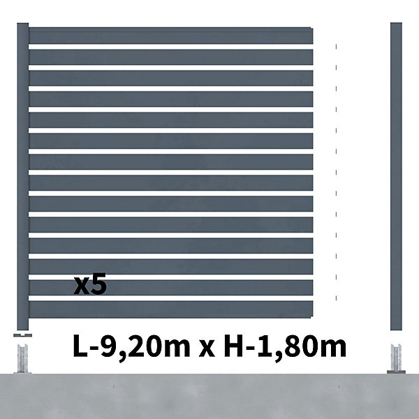 Kit Clôture Ajourée Aluminium OLINDA Anthracite 9,20x1,8m Poteaux sur Platines - Dimension des Lames : 21x100x1780 mm