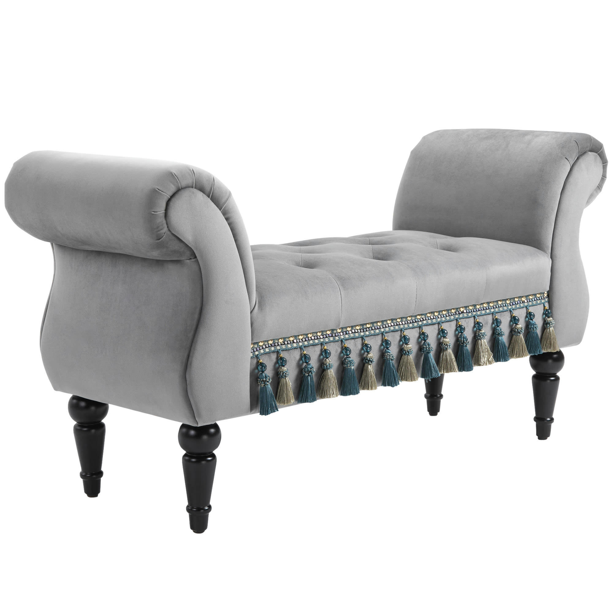 - Banquette capitonnée design accoudoirs courbés pompons velours gris
