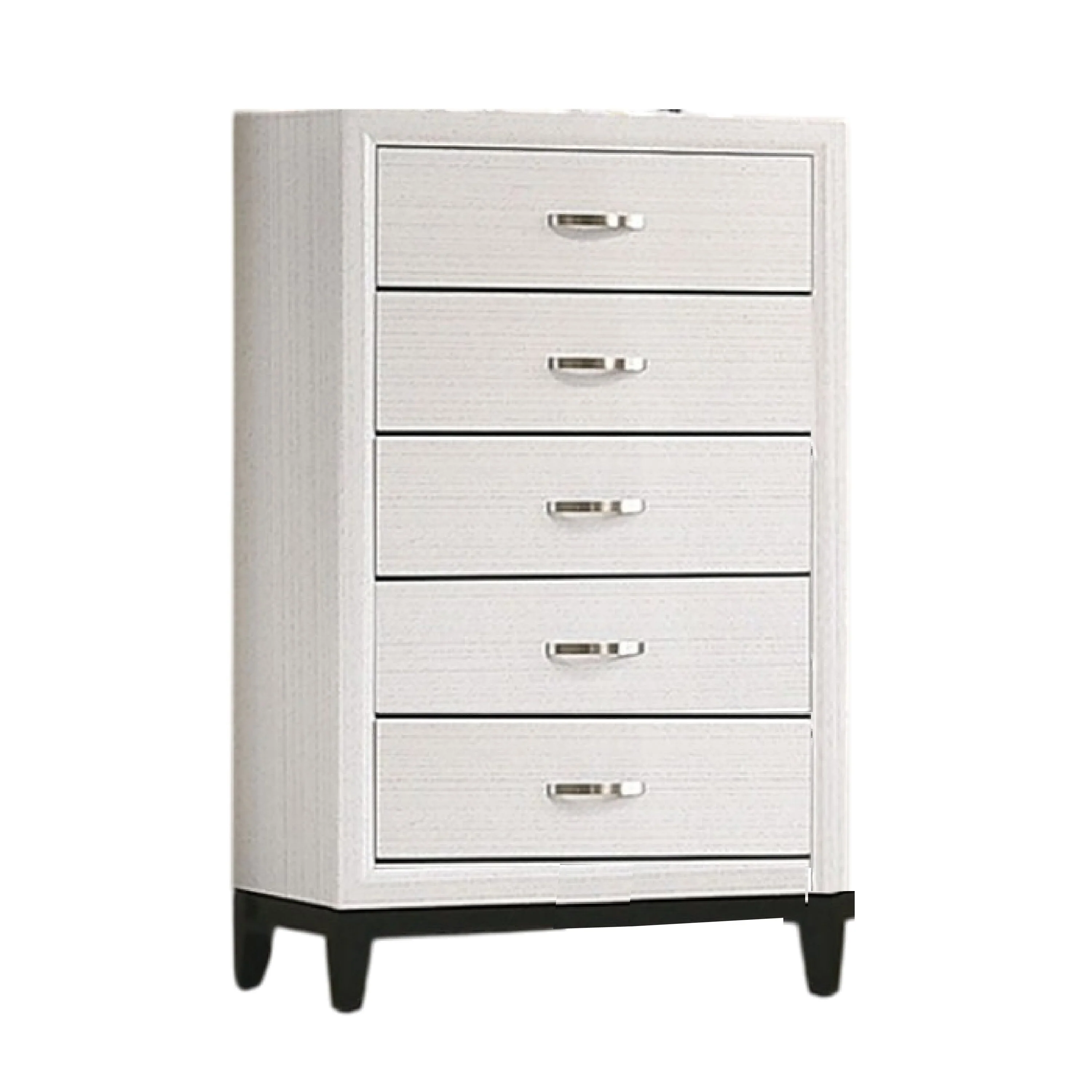 Erica Tall Dresser Chest, 5 Drawers Chrome Bar Handles, White Wood
