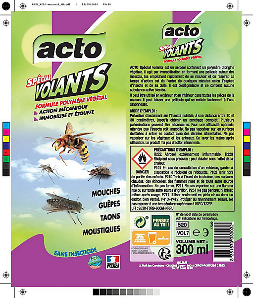 Aérosol anti insectes volants, polymère origine végétale, Acto