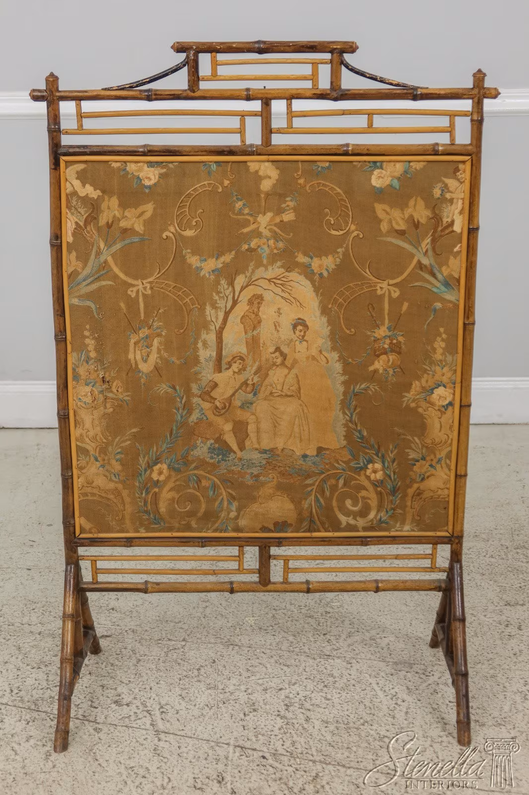F59365EC: Victorian Bamboo Fireplace Screen w. European Fabric
