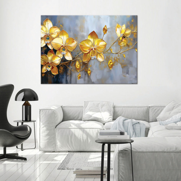 Feeby Obraz na płótnie, Złote Storczyki Kwiaty Glamour 60x40