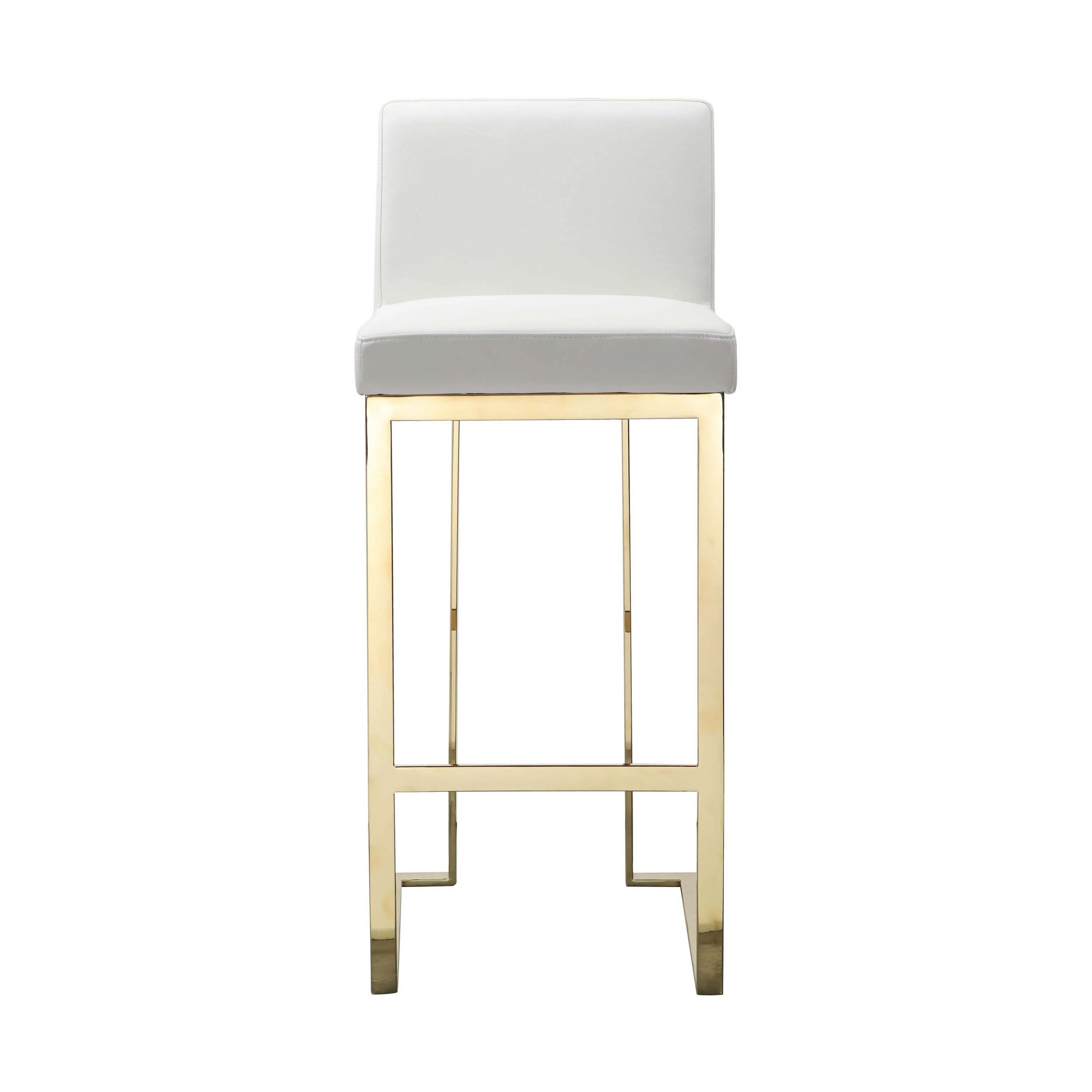 Boly 30 Inch Barstool Chair, Cushioned White Faux Leather, Gold Cantilever
