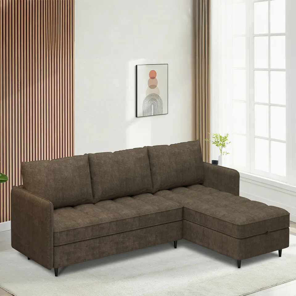 Lindhus - Bank met chaise longue omkeerbaar in stof bruin