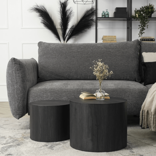 Zestaw Stolik Kawowy Okrągły Loft Czarny Drewniany 2w1 Ława Czarna LEILA