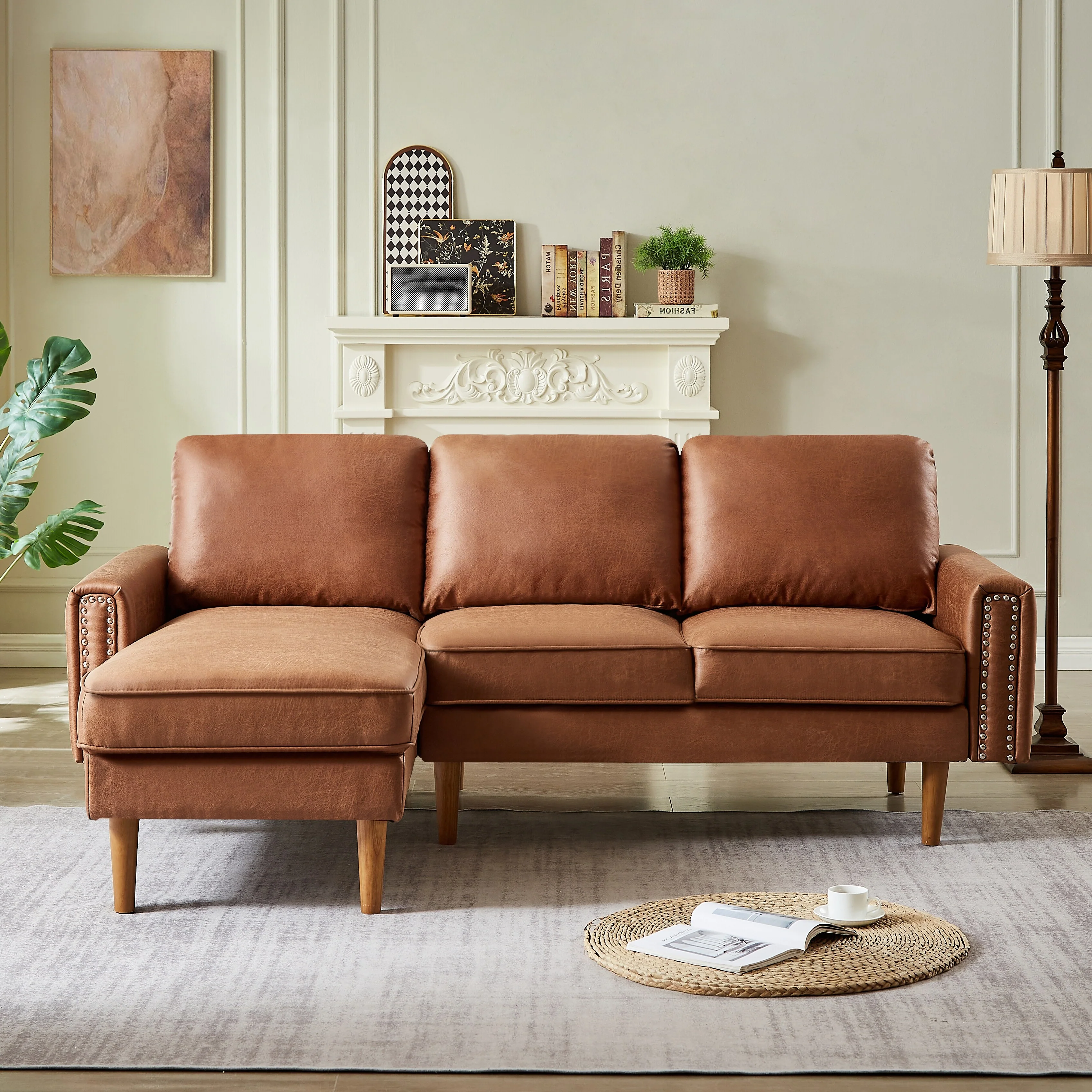 Brown 82.2'' PU Leather L Shape 3 Seater Sofa Couch with Left Chaise and Nailheads, Copper Nail Accents, Strong Wooden Legs