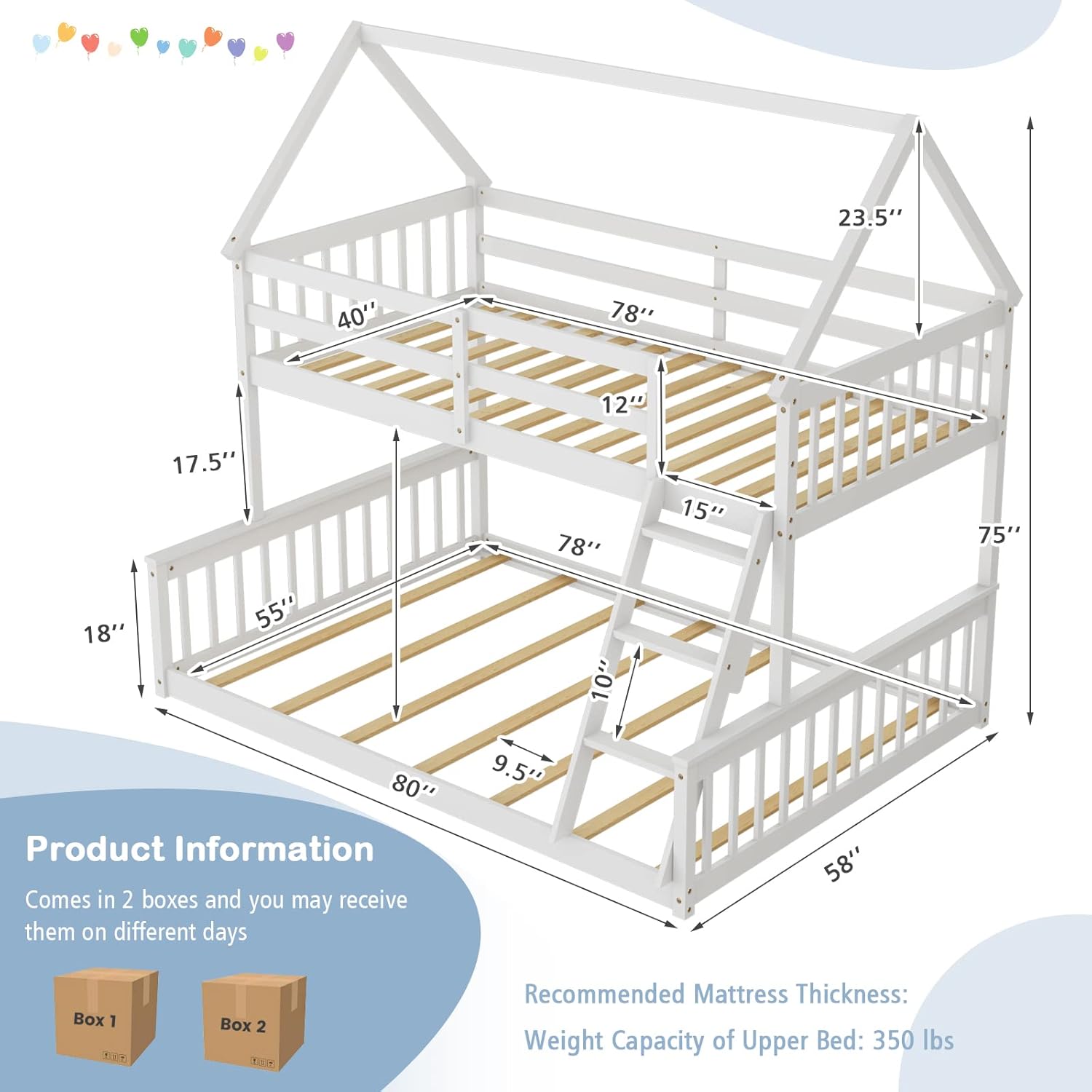 KOMFOTT Wood Twin Over Full House Bunk Bed with Built in Ladder, Solid Pine Wood Bunk Bed Frame with Safety Guardrails, House Bunk Bed Frame for Kids, Teens, Juniors, No Box Spring Needed (White)
