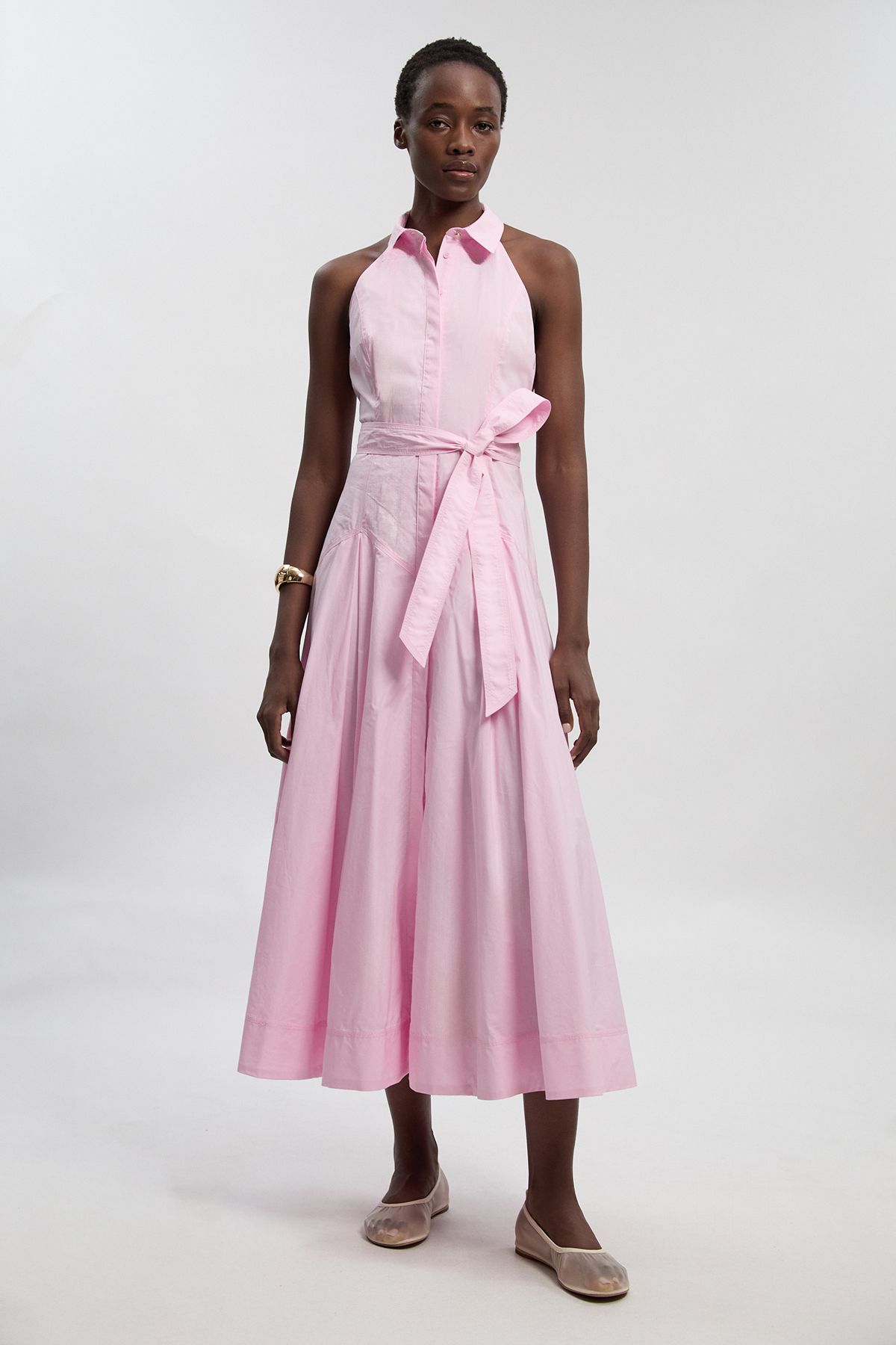 KarenMillen Cotton Collared Halter Neck Woven Midi Shirt Dress With Dropped Waist Detail