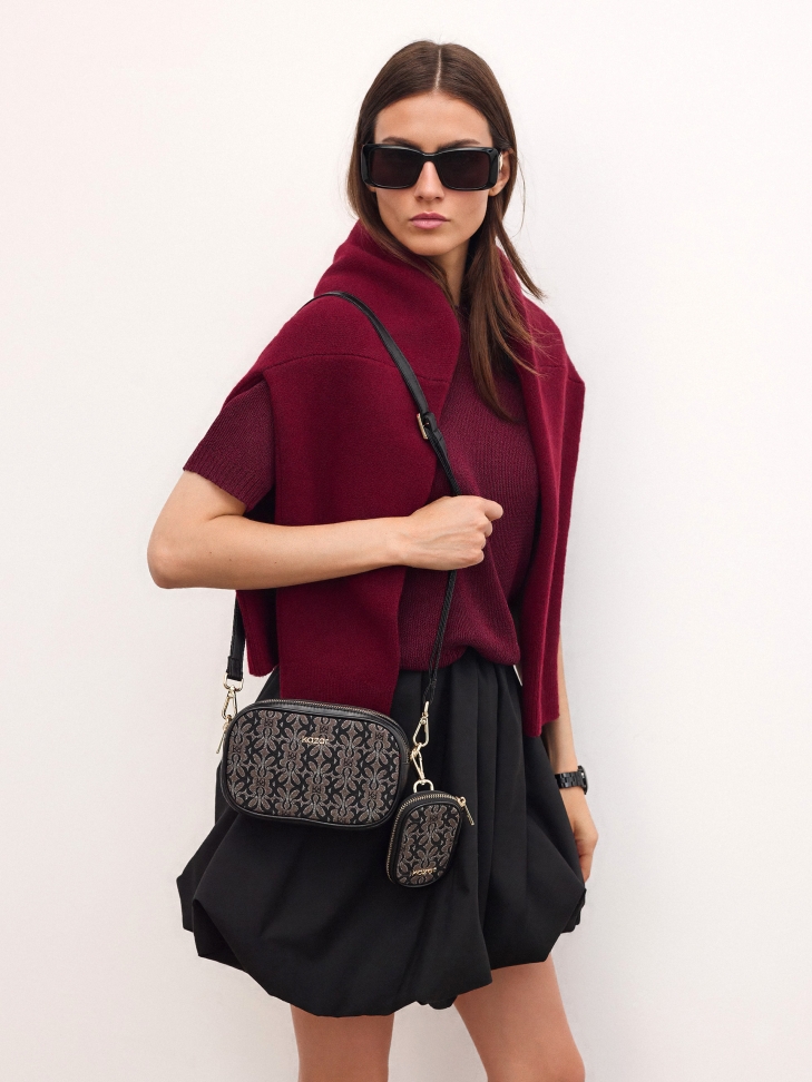 Brown and black patterned fabric handbag