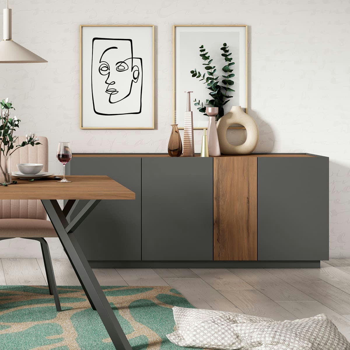 JOSIE - Buffet 4 portes gris anthracite et effet bois 180 cm