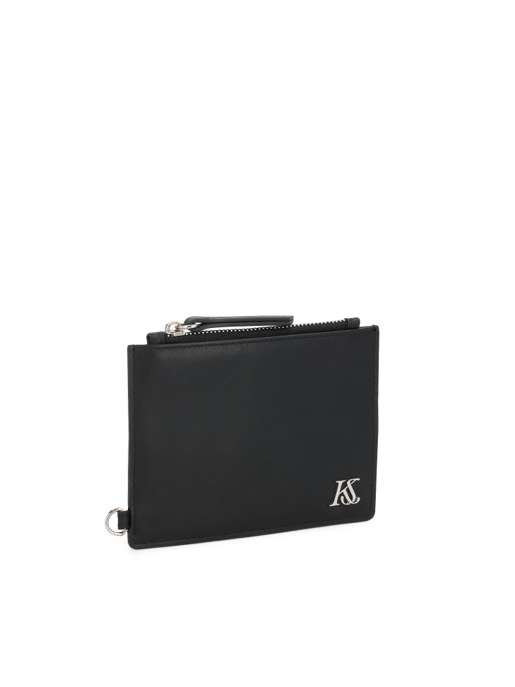 Black leather card case with detachable strap and zipper pocket