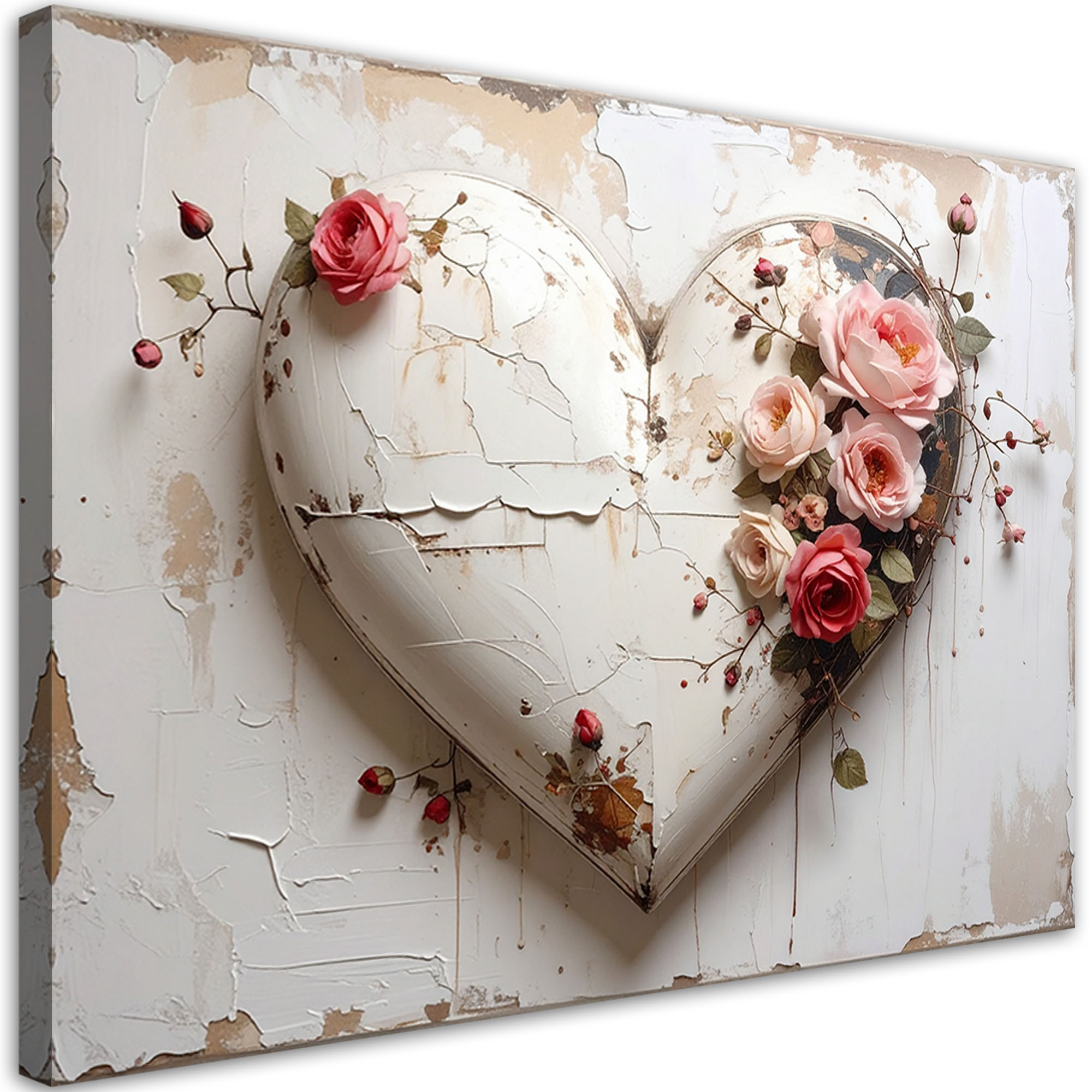 Obraz do salonu sypialni, 3D Serce miłość kwiat róży w stylu shabby 30x20
