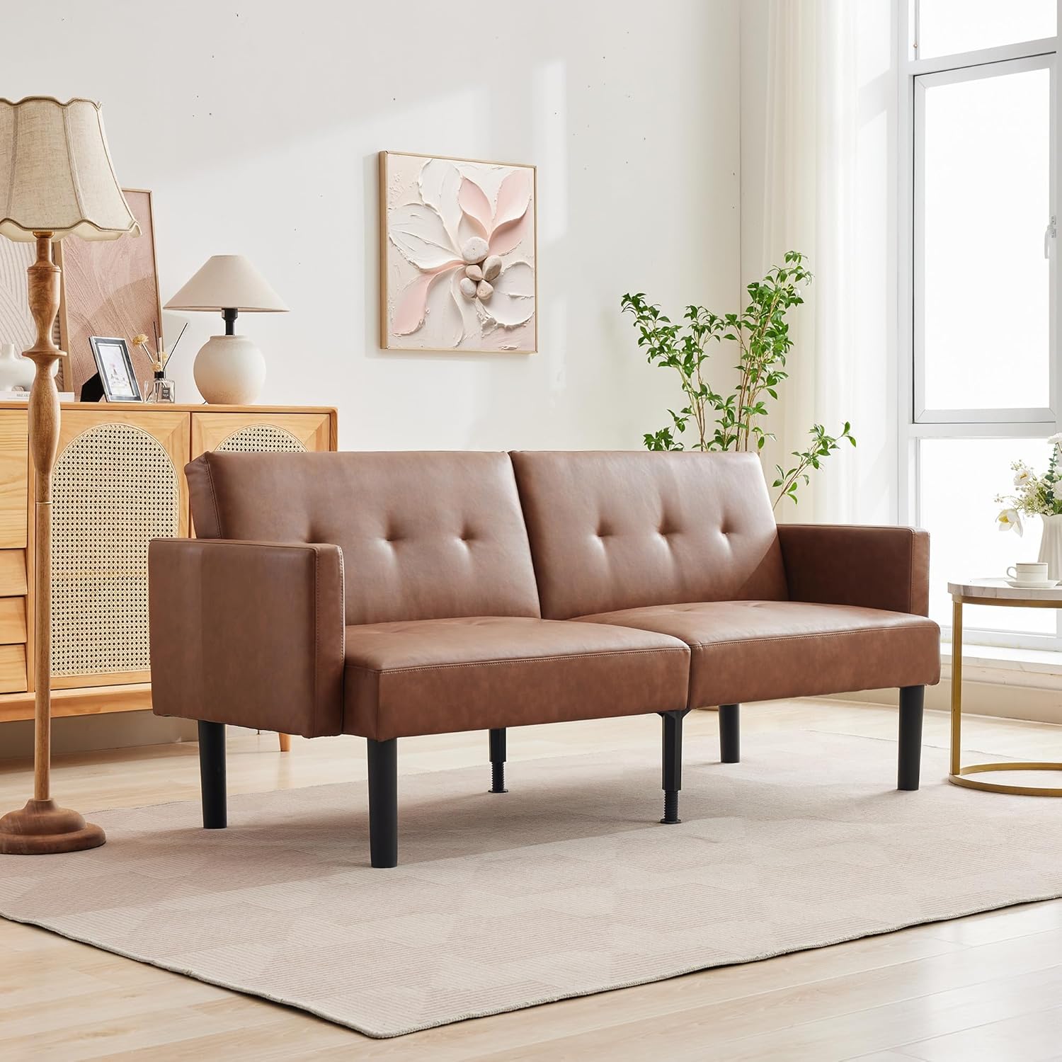 Garvee 75.5 Convertible Futon Sofa Bed, PU Leather Upholstered Futon Couch with Strong Legs, Mid Century Modern Sleeper Sofa, Comfy Loveseat for Living Room, Bedroom, Dorm, Brown
