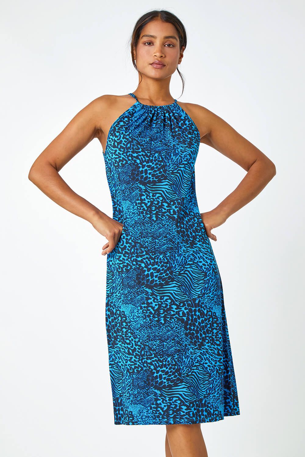 Roman Animal Print Halter Neck Stretch Dress