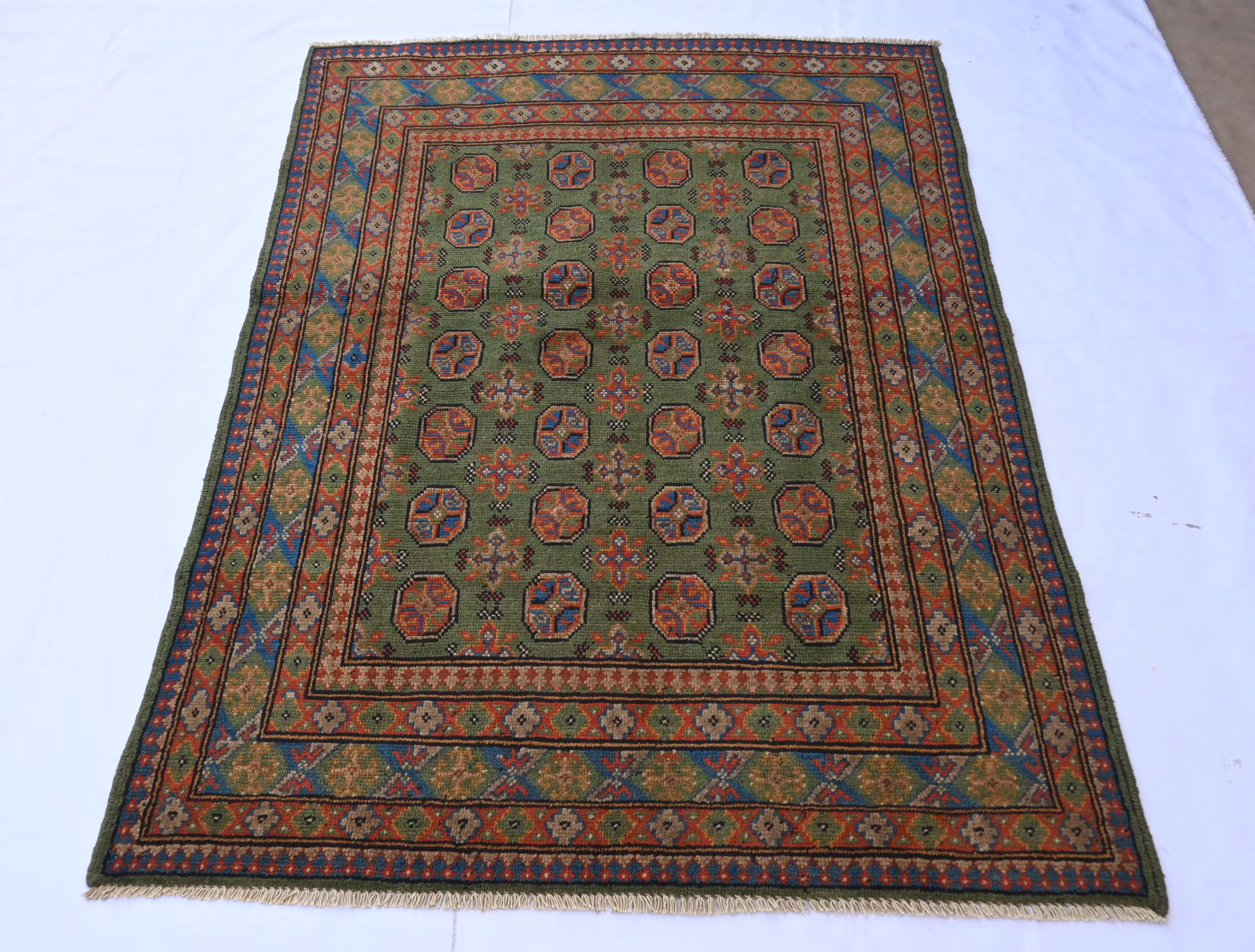Vintage Green Turkmen Bokhara Rug – 5x6 Wool Mowri Area Rug