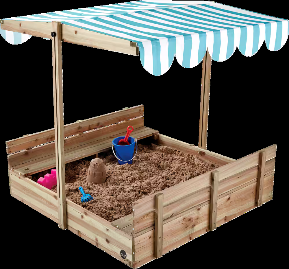 Plum® Outdoor Portable Wooden Sandbox, 46x46x46-in, with Adjustable Canopy, Kids Ages 3+