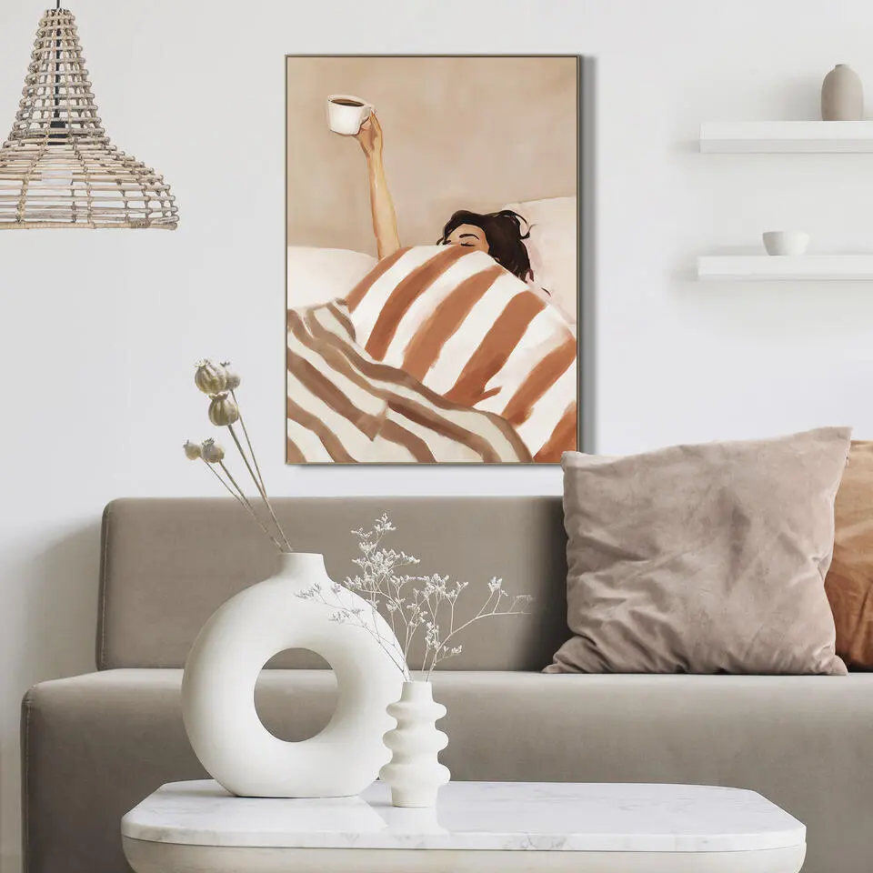 Schilderij vrouw met koffie - 70x50 cm