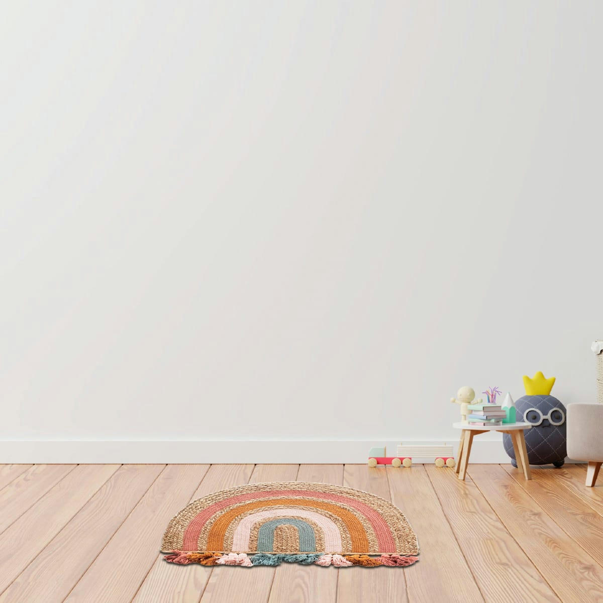 CELESTE - Tapis enfant arc en ciel en jute et coton avec pompons multico 72x52cm