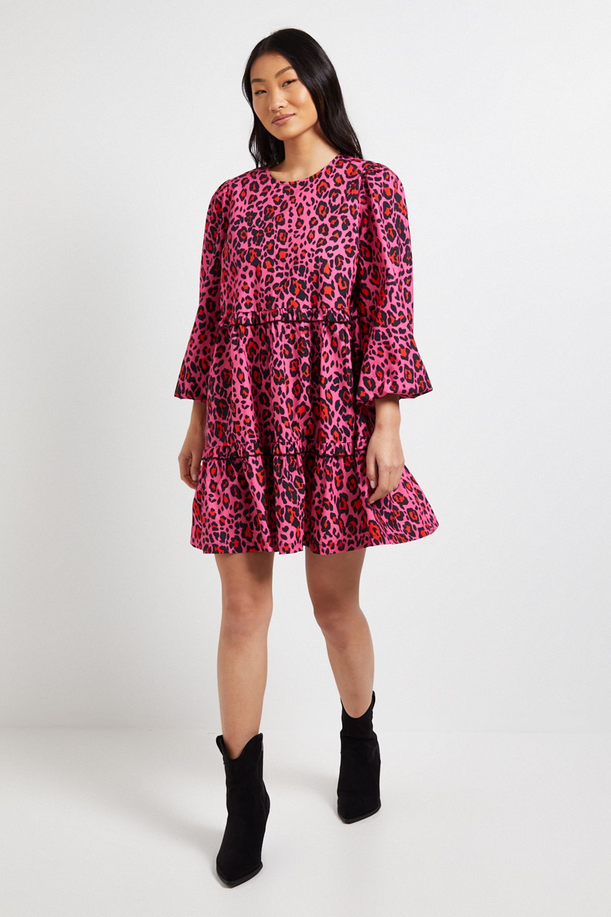 Dorothy Perkins Petite Animal Frill Tiered Printed Poplin Mini Smock Dress