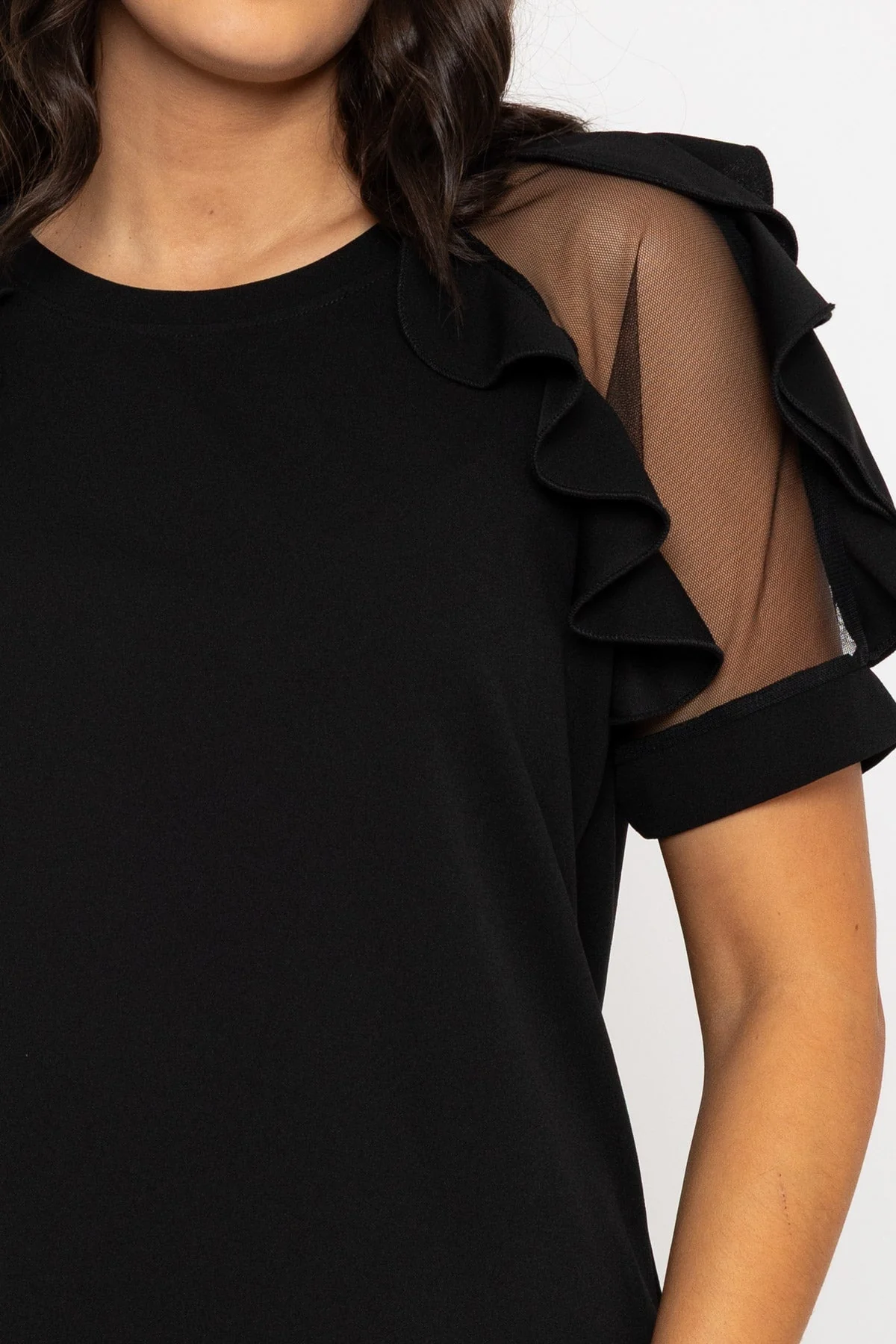 Black Ruffle Mesh Sleeve Top