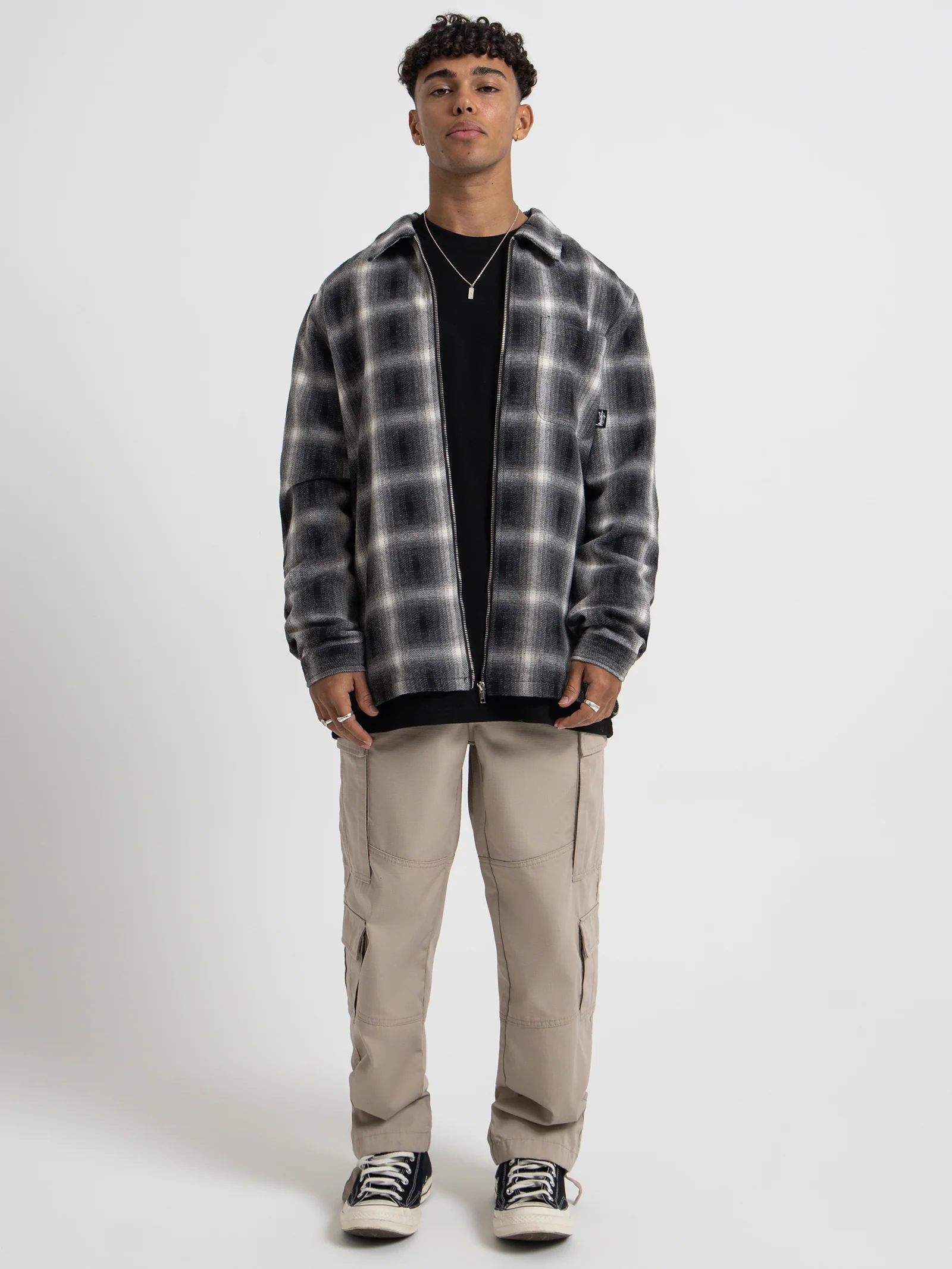 Shadow Plaid Zip Up Long Sleeve Shirt