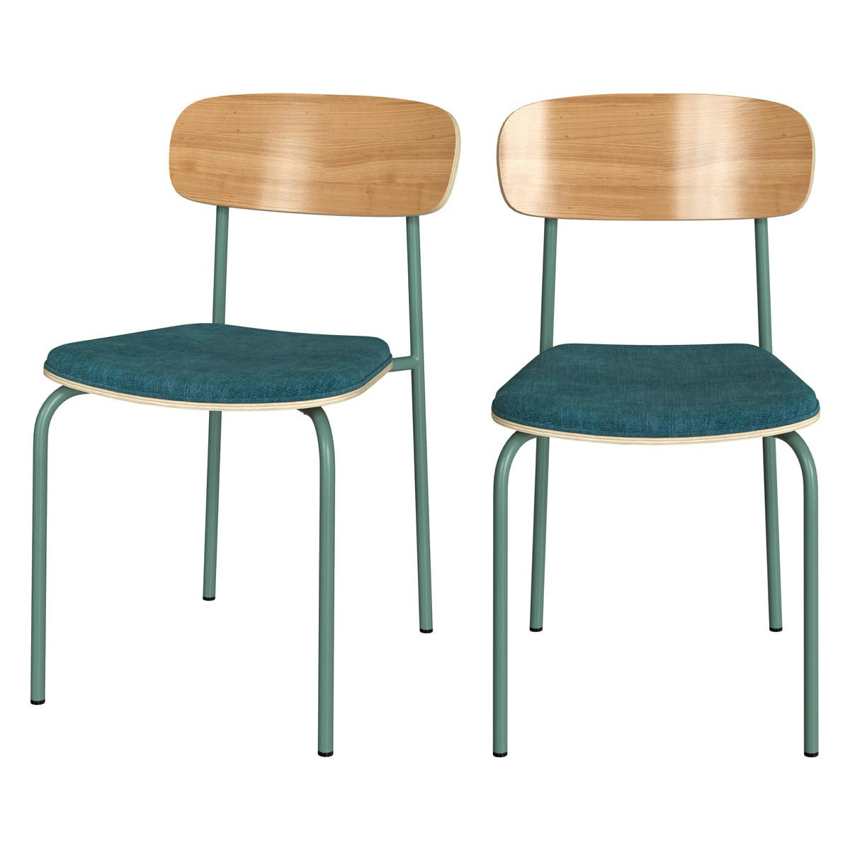 LOUNA - Chaise en bois clair et tissu bleu (lot de 2)