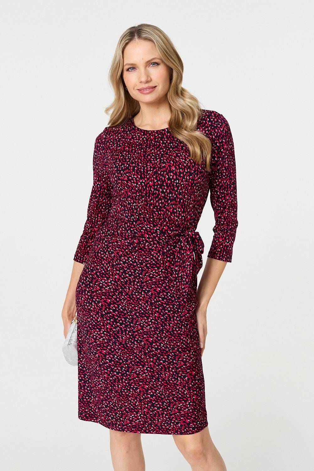 Izabel London Animal Print Knot 3/4 Sleeve Short Dress