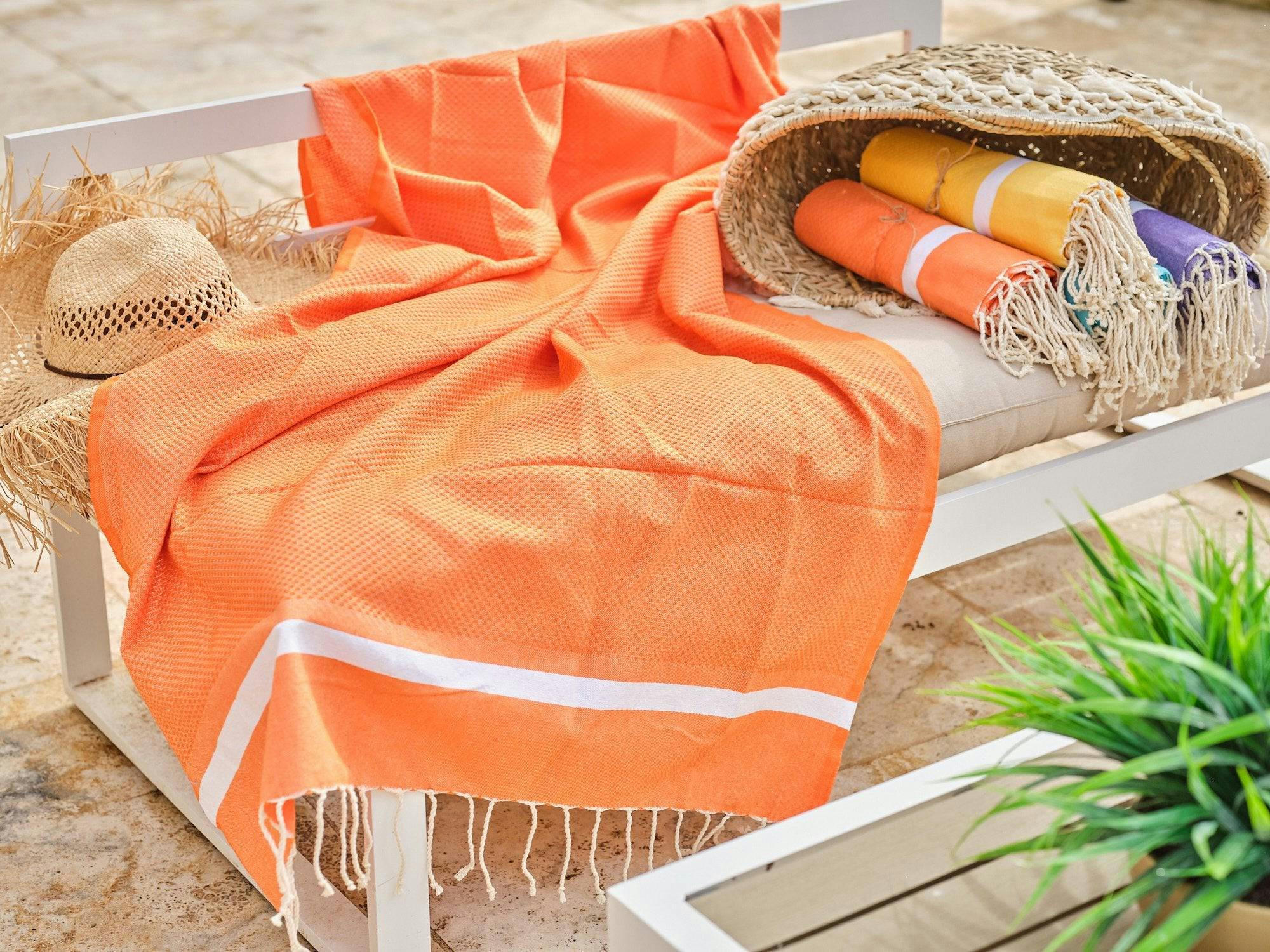 - Fouta en coton tissage nid d'abeille 100x200cm orange