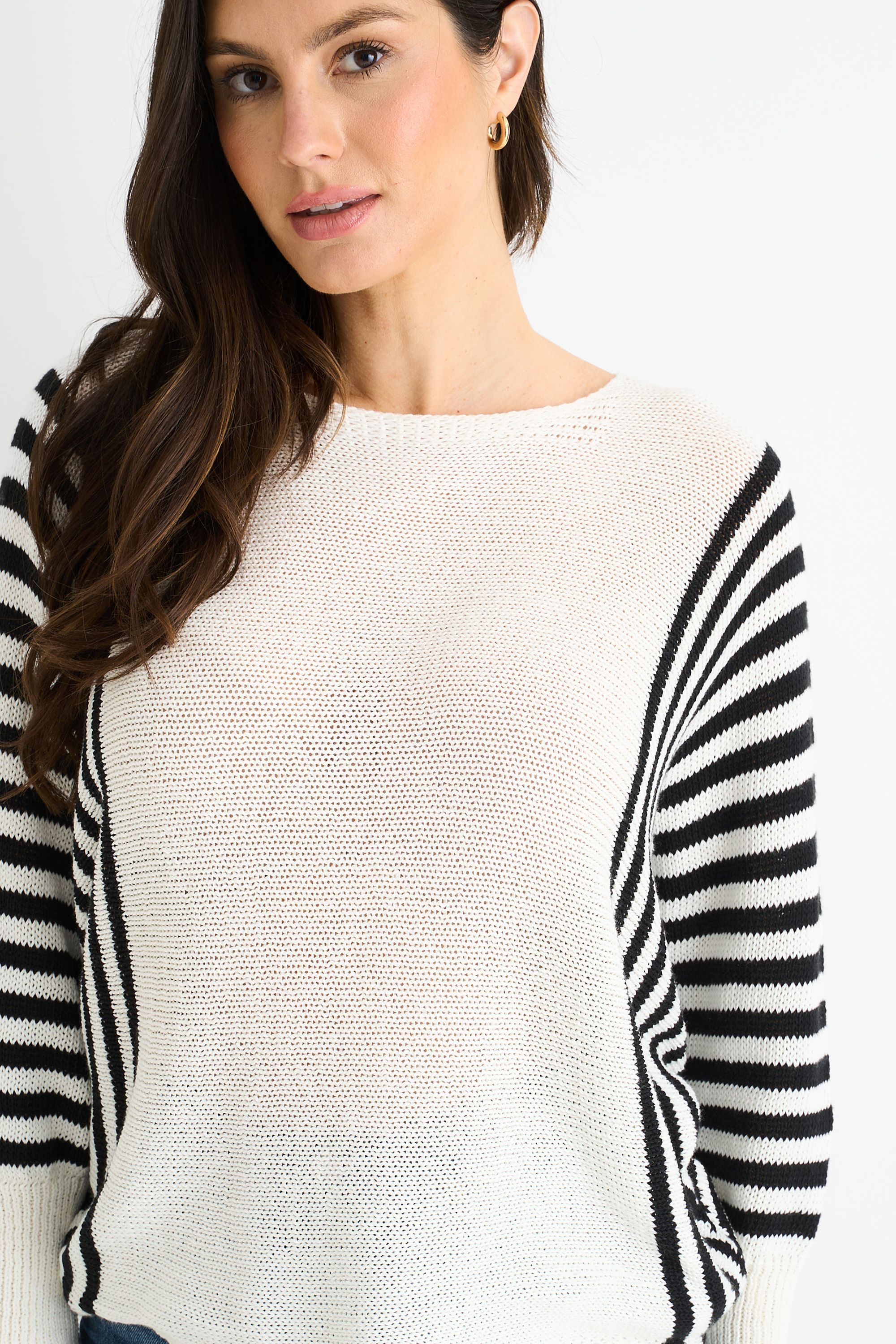 Gini London White Cotton Stripe Pattern Batwing Jumper Top