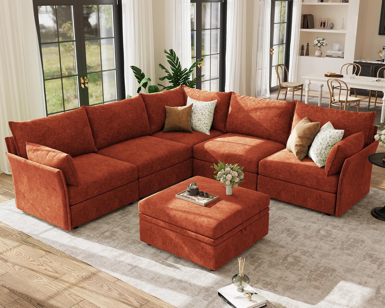 ABCASA 103.5 Oversized Modular Sectional Sofa, L Shaped Convertible Couch with Movable Ottoman, Large 6 Seat Corner Couches for Living Room Deep Seat- Terracotta Orange Chenille