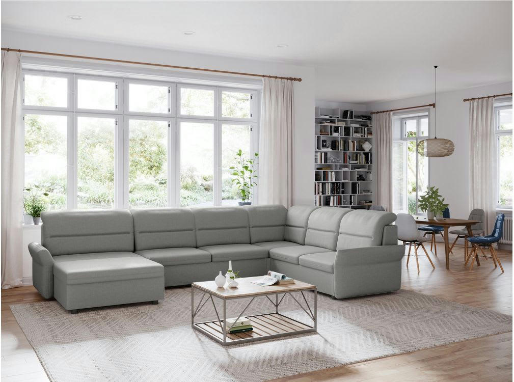 AMBRE - Canapé panoramique modulable convertible avec coffre - Gris clair