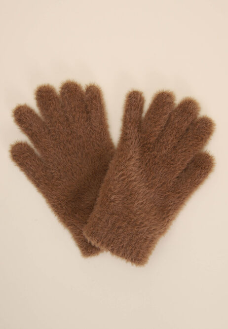 Womens Brown Eyelash Knit Gloves