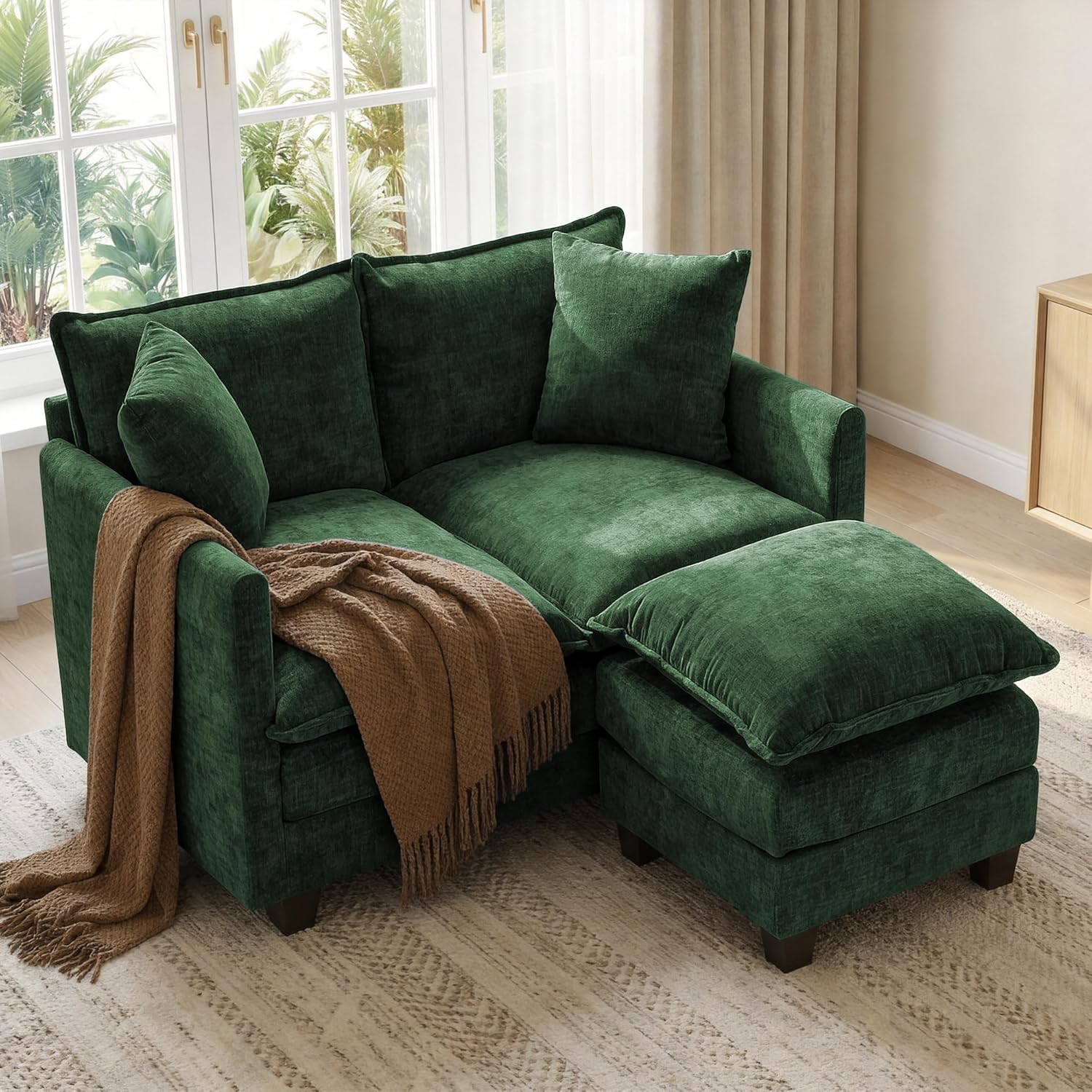 52 Loveseat Sofa, L-Shaped Cloud Couch with Ottoman, Comfy Chenille Love Seat with 2 Pillows, Small Loveseat for Small Spaces, Living Room, Bedroom,Apartment and Office, Green