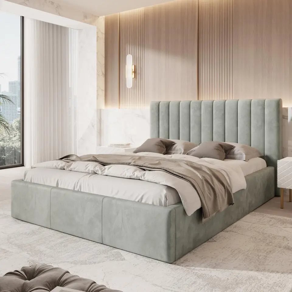 Meubella - Tweepersoonsbed Chief - Grijs - Velvet - 160x200 cm