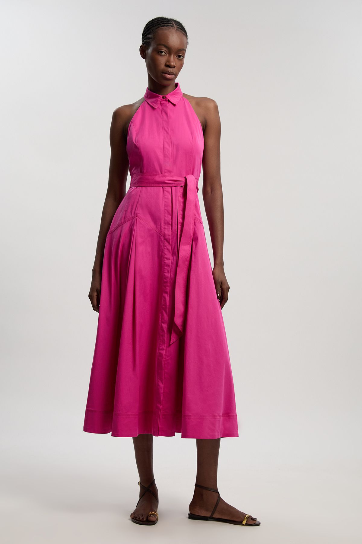 KarenMillen Cotton Collared Halter Neck Woven Midi Shirt Dress With Dropped Waist Detail