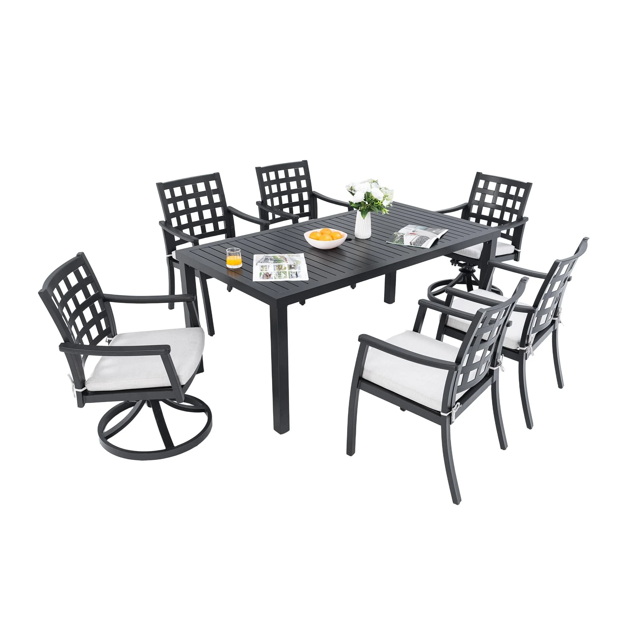 7-Piece Outdoor Aluminum Rectangular Dining Set with 2 Swivel Rocker Chairs, Sunbrella Fabric
