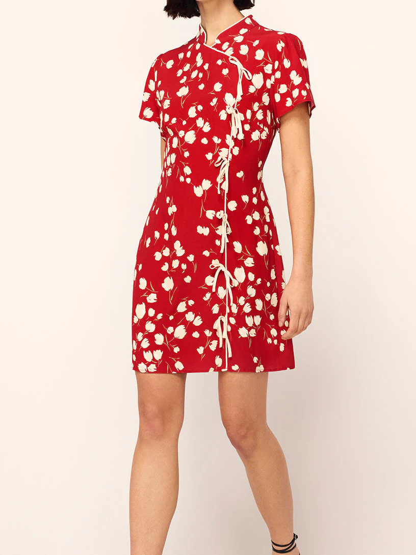 Harlow Red Scattered Tulip Print Mini Dress