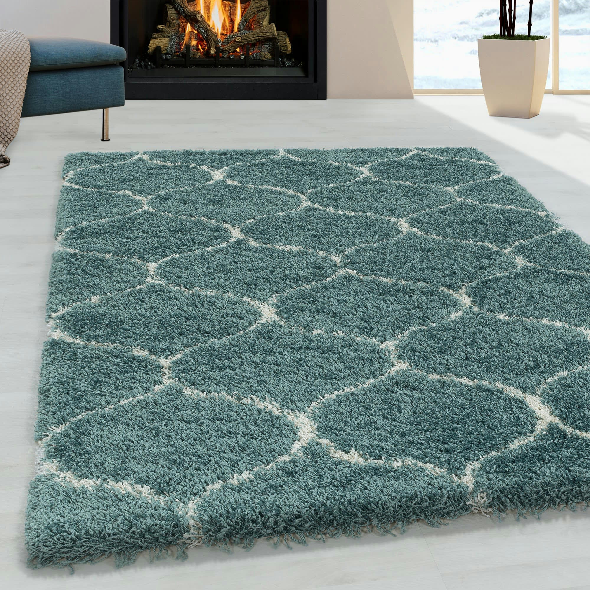 SALMA - Tapis à poils longs et motifs alhambra turquoise 160x230cm