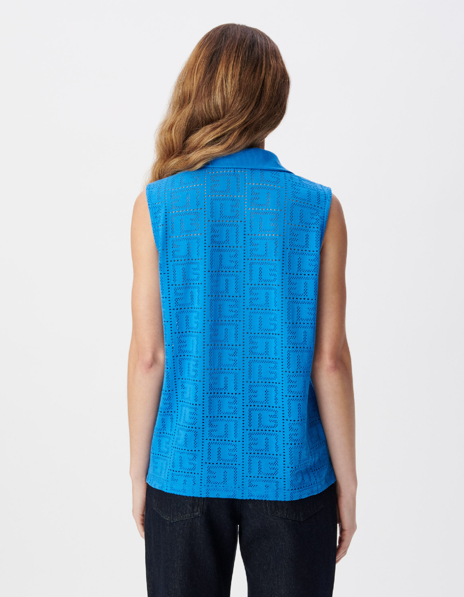 Tee-shirt sans manches bleu maille ajourée Femme