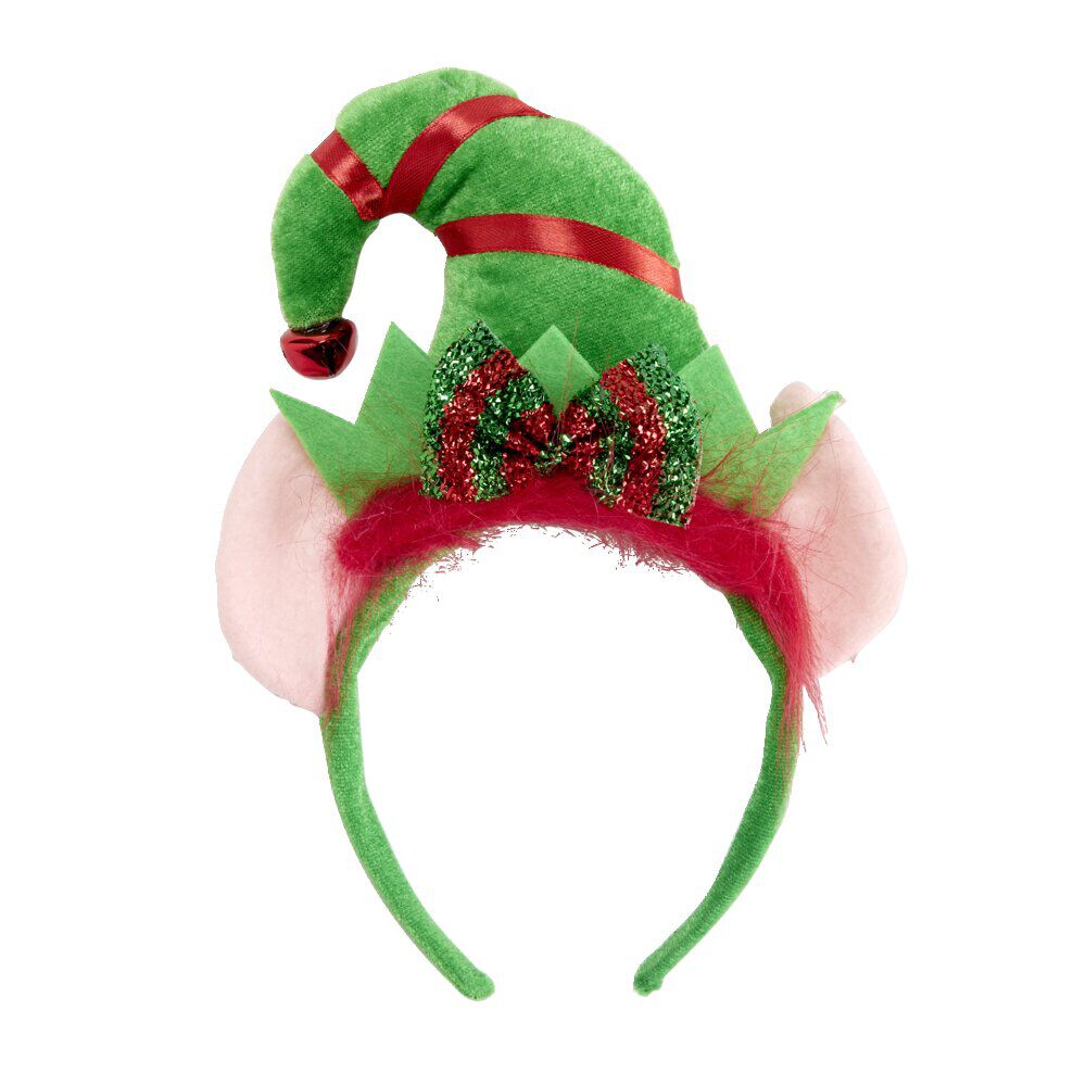Serre-tête lutin de No&euml;l vert et rouge 17x24cm