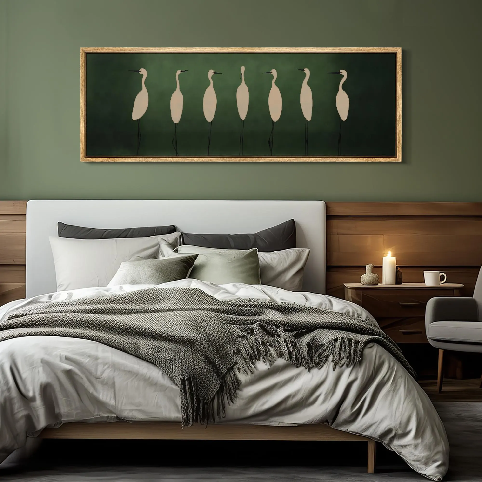 Minimalist Crane Wall Art - Large Framed Heron Canvas Print, Elegant White Birds on Deep Green, Modern Nature Decor for Living Room