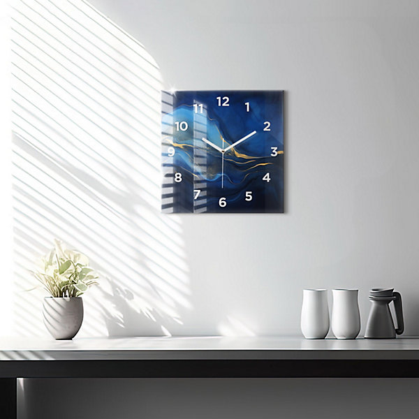 Horloge murale Wallfluent 30x30 cm Avec chiffres Aiguilles blanches Marbre bleu 1 pcs