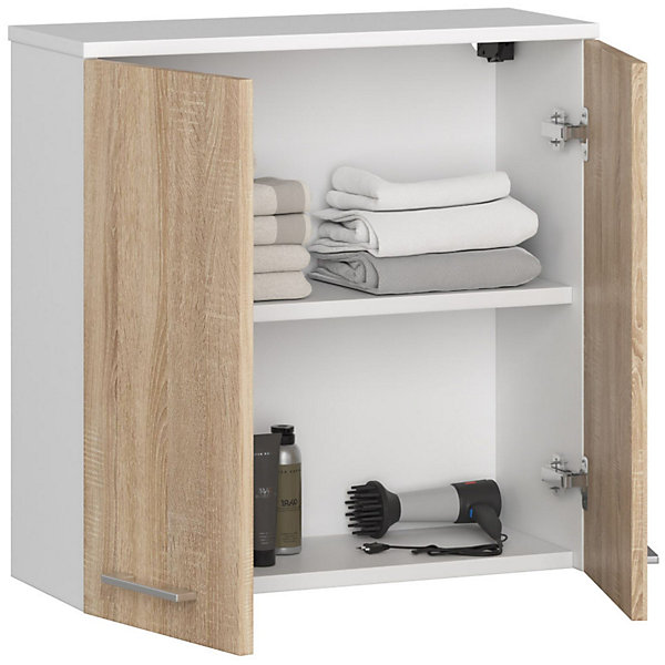 Armoire salle de bains AKORD FIN Meuble Haut Suspendue Blanche 60 cm 2 portes façade Chêne Sonoma 2 étagères 60x22,5x60 cm