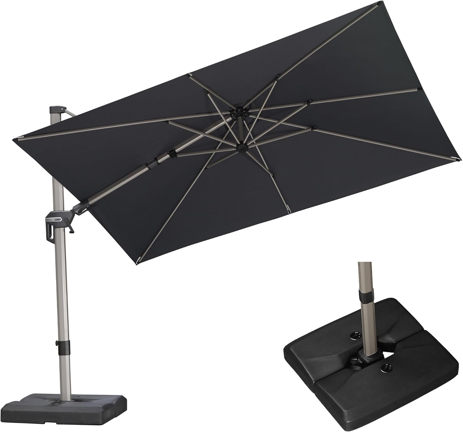 PURPLE LEAF 10' X 6.5' Left-right Tilting Patio Umbrella with Base Outdoor Swivel Cantilever Offset Aluminum Umbrella with Champagne Frame and 360-degree Rotation for Garden Deck Pool, Grey