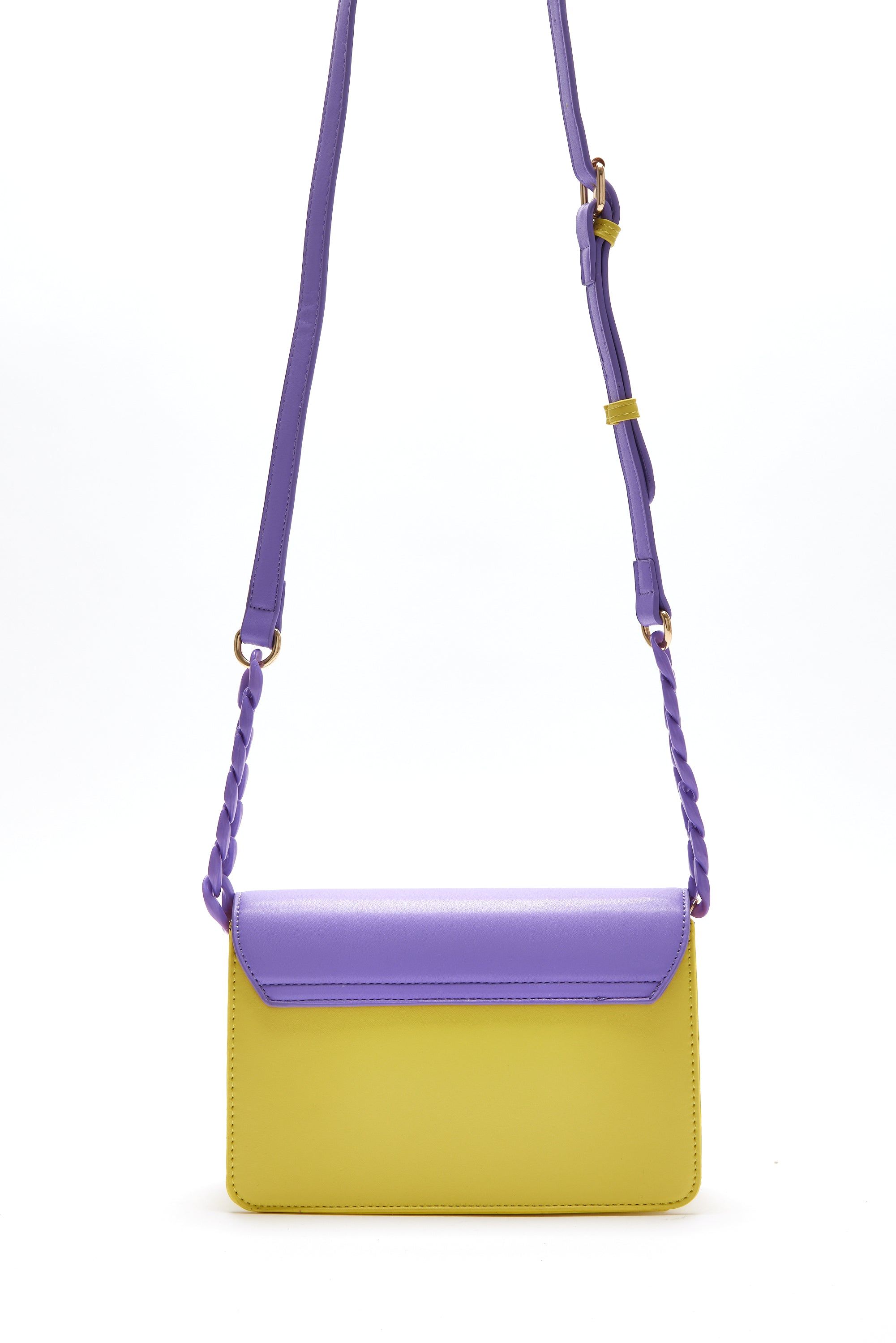House of Holland Cross Body Bag In Purple And Yellow With A Chain Detail Strap And Printed Logo