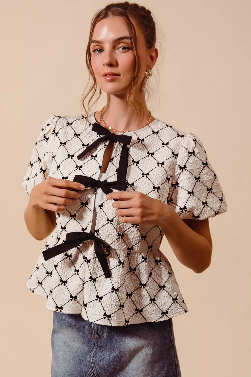 Bow Texture Woven Peplum Top With Contrast Tie