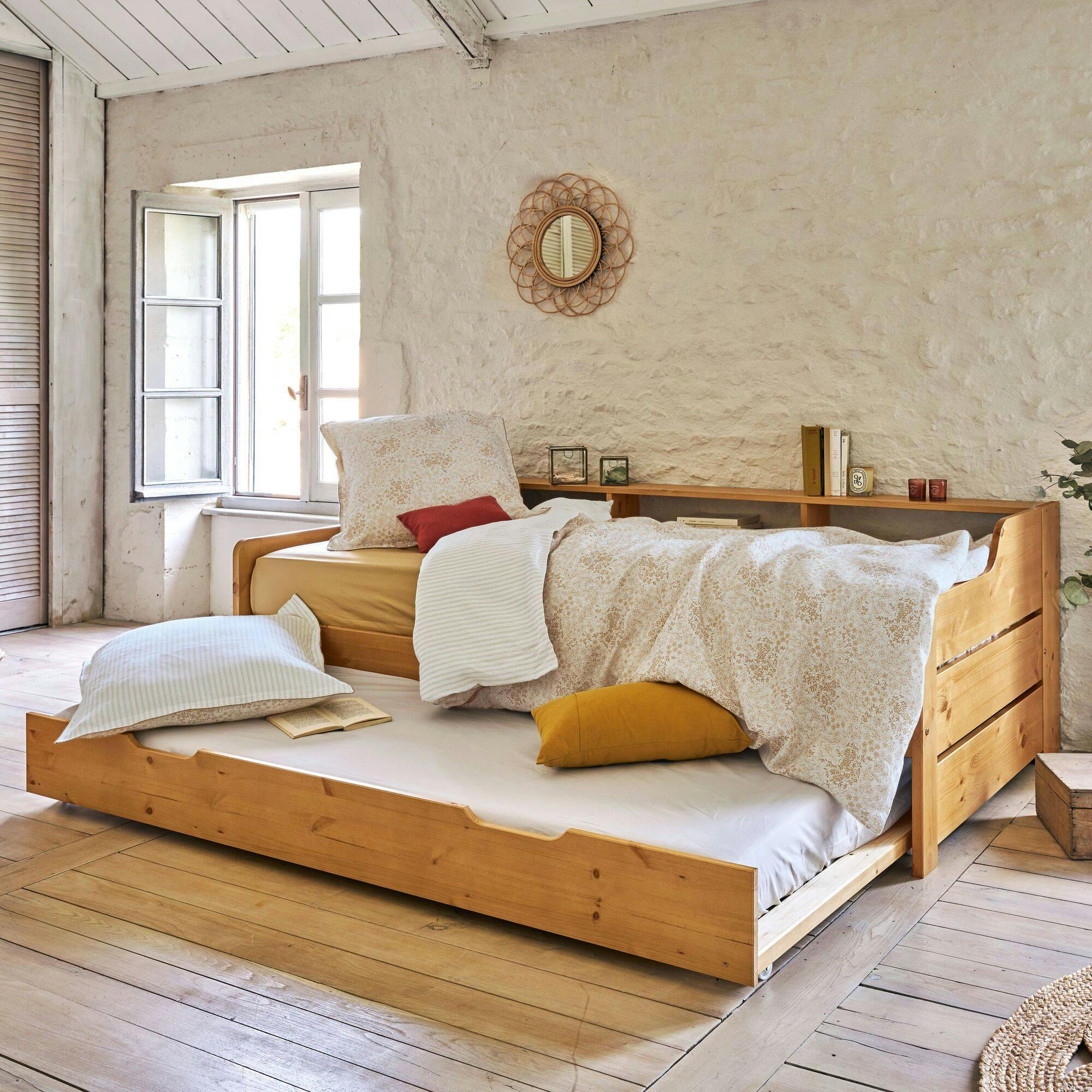 TIMEO - Lit gigogne en bois massif vernis 90 x 200 cm