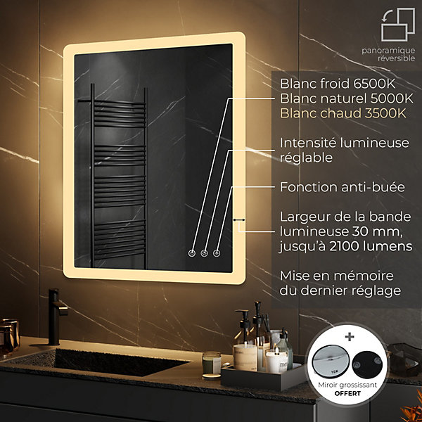 Miroir salle de bain BOLEO 70 x 100 cm LED lumineux 2100 lms anti-buée   réglage intensité &couleur - Saniverre