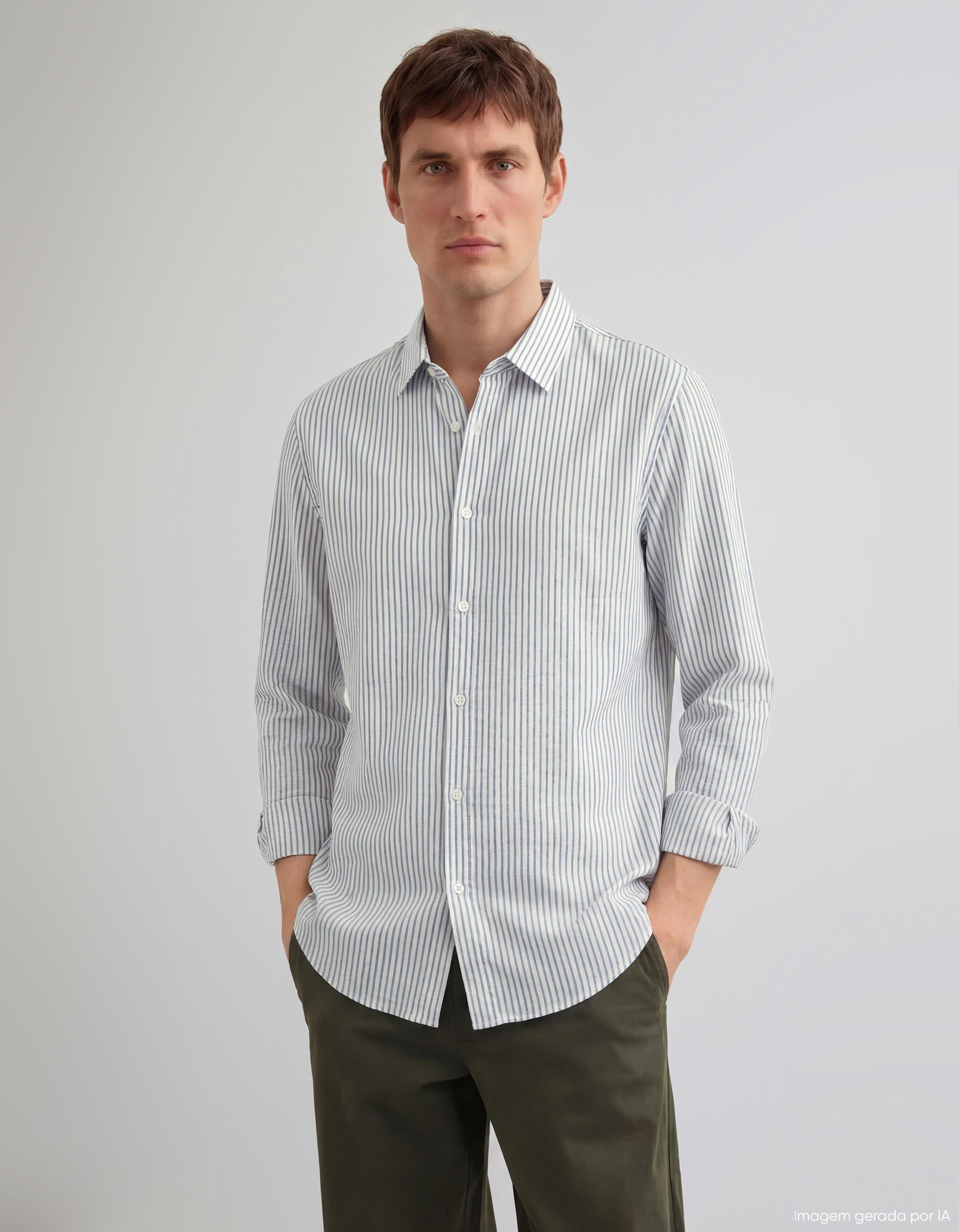 Camisa Riscas com Linho, Homem, Branco