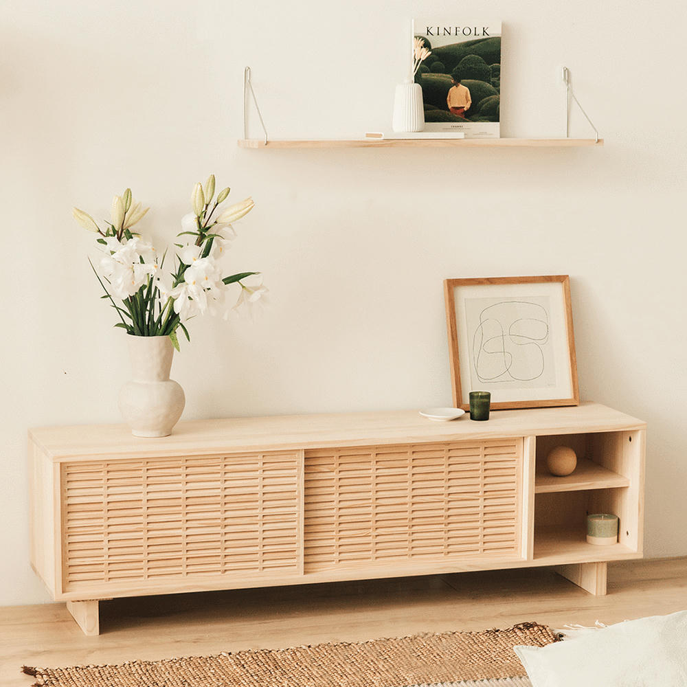 GALERA - Meuble TV en bois de pin massif naturel - 150 cm